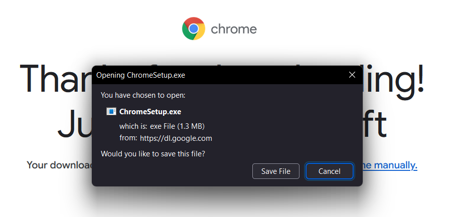 Opening ChromeSetup.exe dialogue box